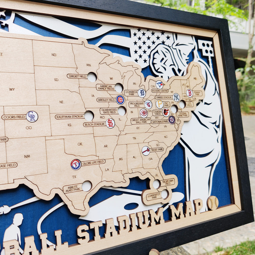 Custom Team Color Wooden MLB Stadium Map with Team Logo Pins