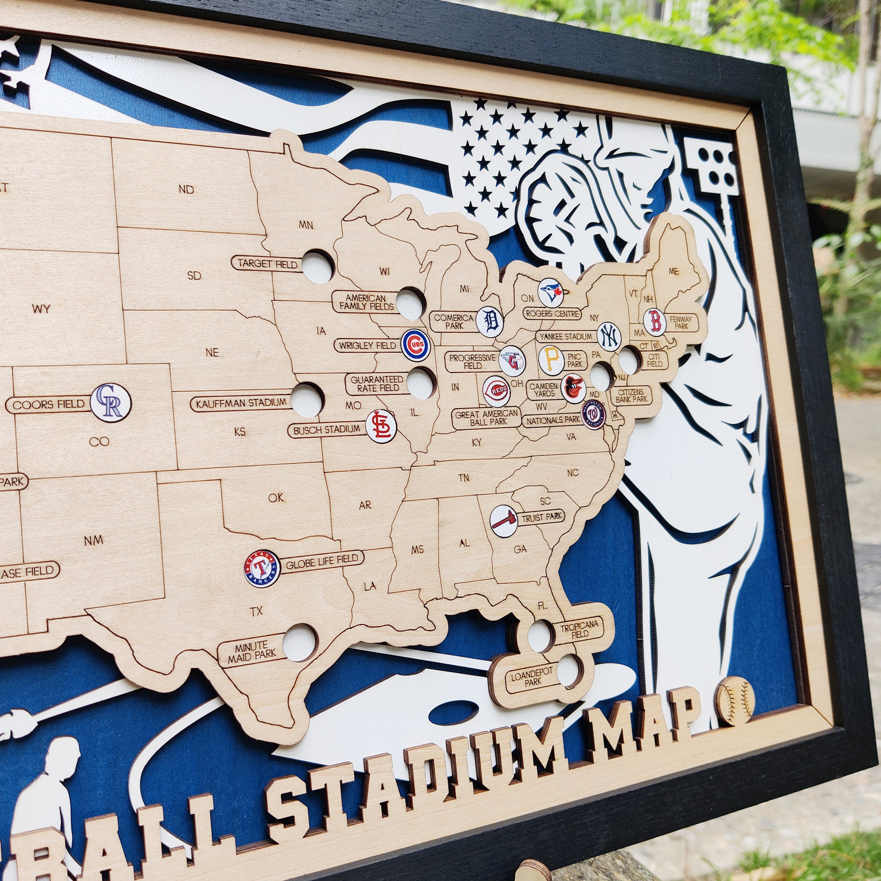 Custom Team Color Wooden MLB Stadium Map with Team Logo Pins