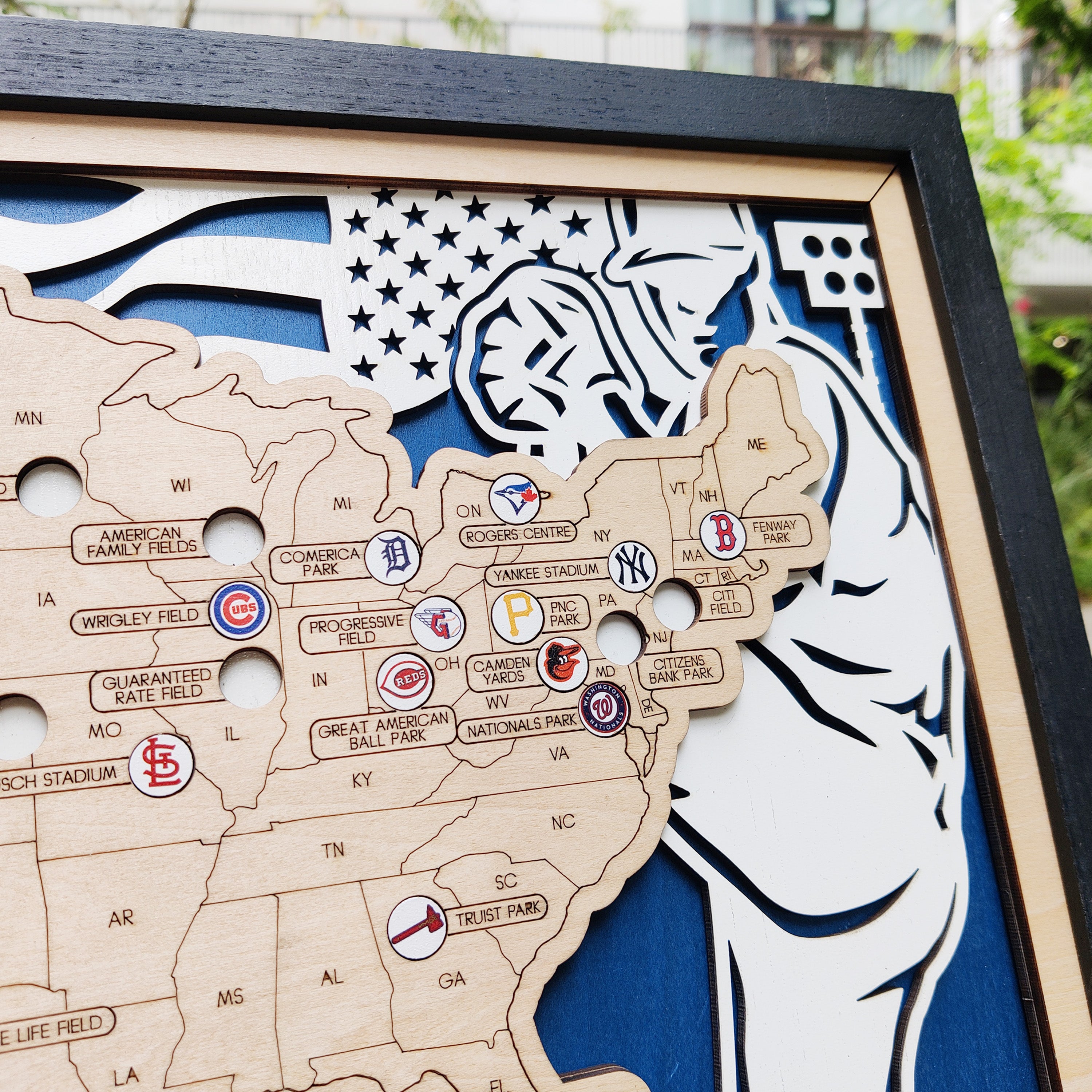 Custom Team Color Wooden MLB Stadium Map with Team Logo Pins