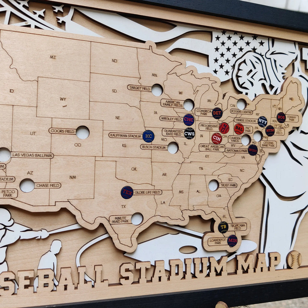 Personalized Wooden MLB Stadium Map with Colorful MLB Team Pins