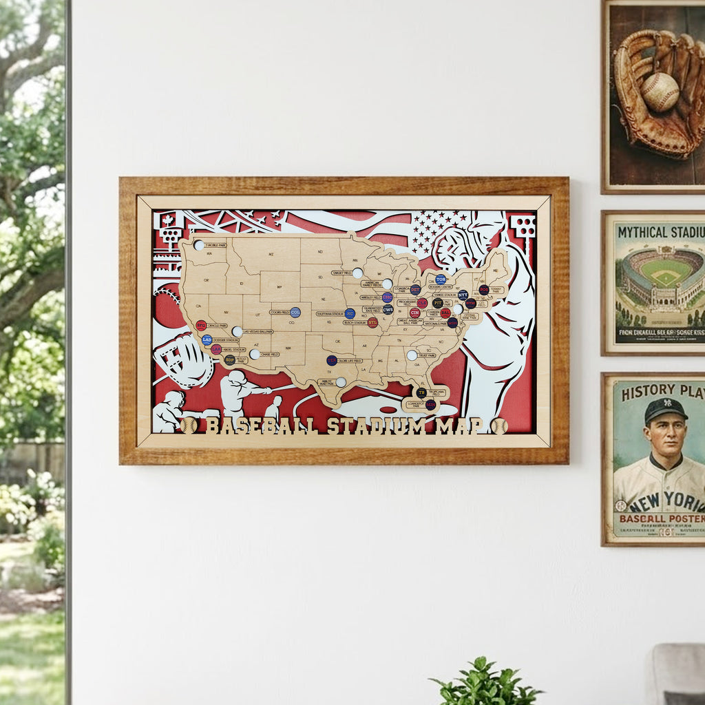 Custom Team Color Wooden MLB Stadium Map with Team Pins