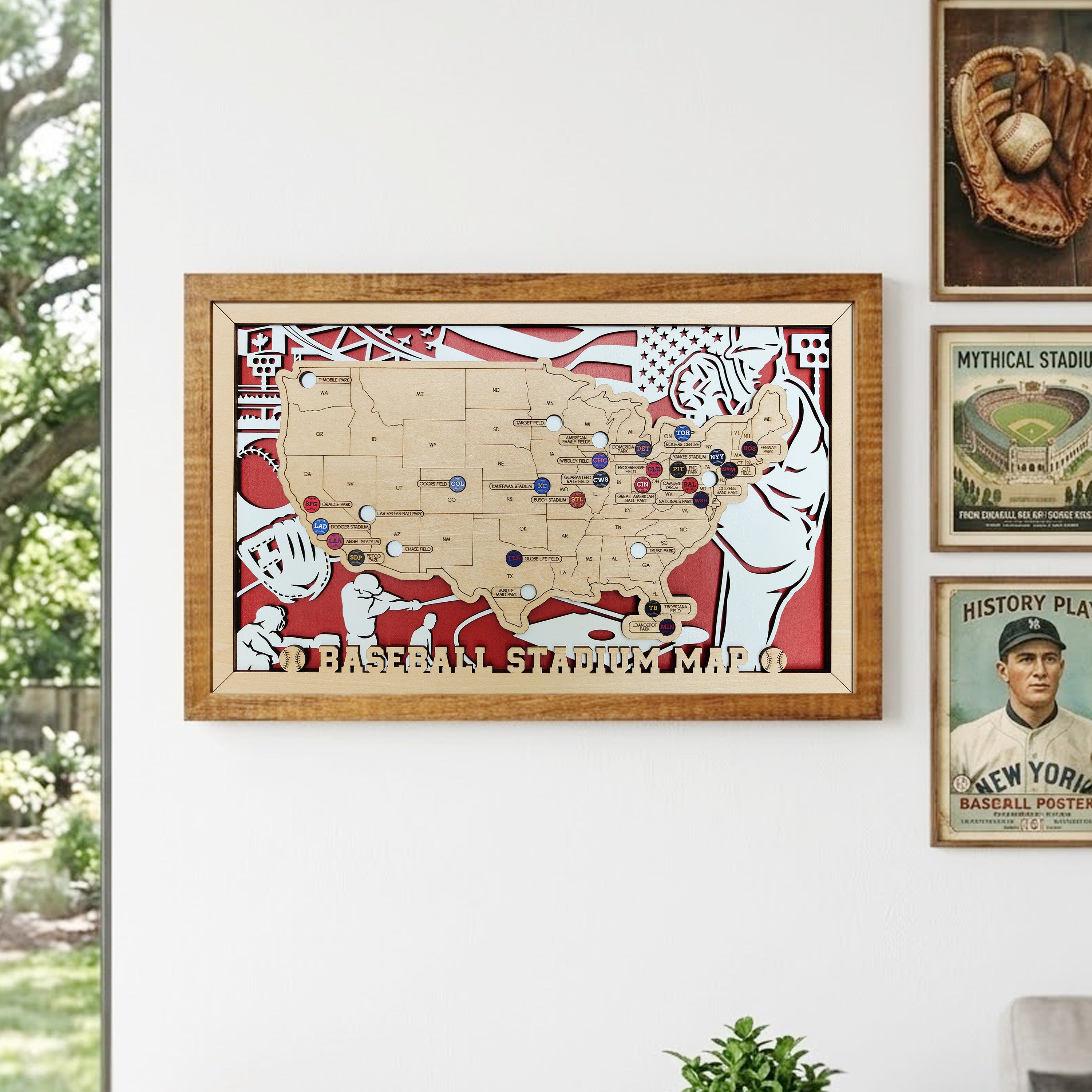 Custom Team Color Wooden MLB Stadium Map with Team Pins