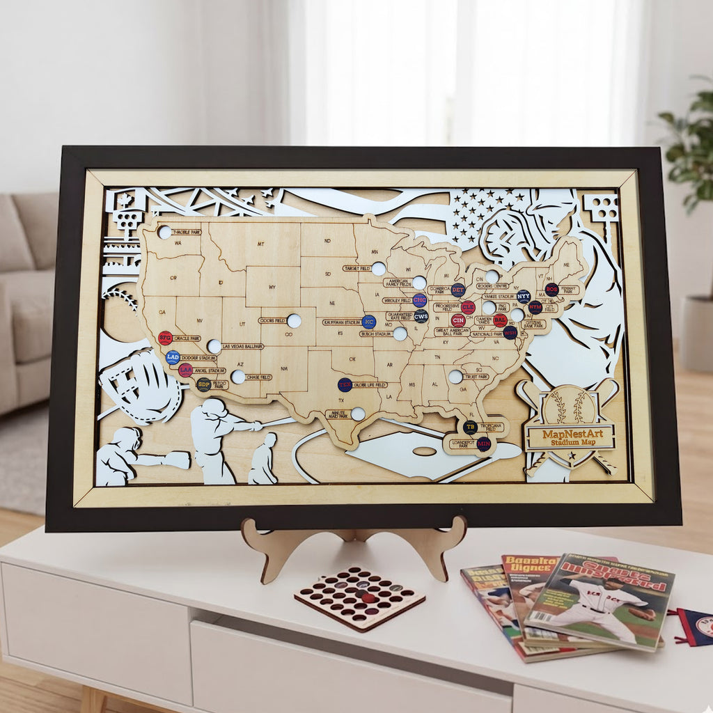 Personalized Wooden MLB Stadium Map with Engraved Nameplate & Colorful Team Pins