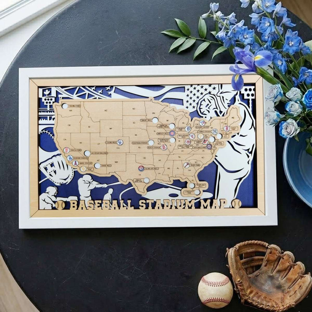 Custom Team Color Wooden MLB Stadium Map with Team Logo Pins - Mappae Pilot
