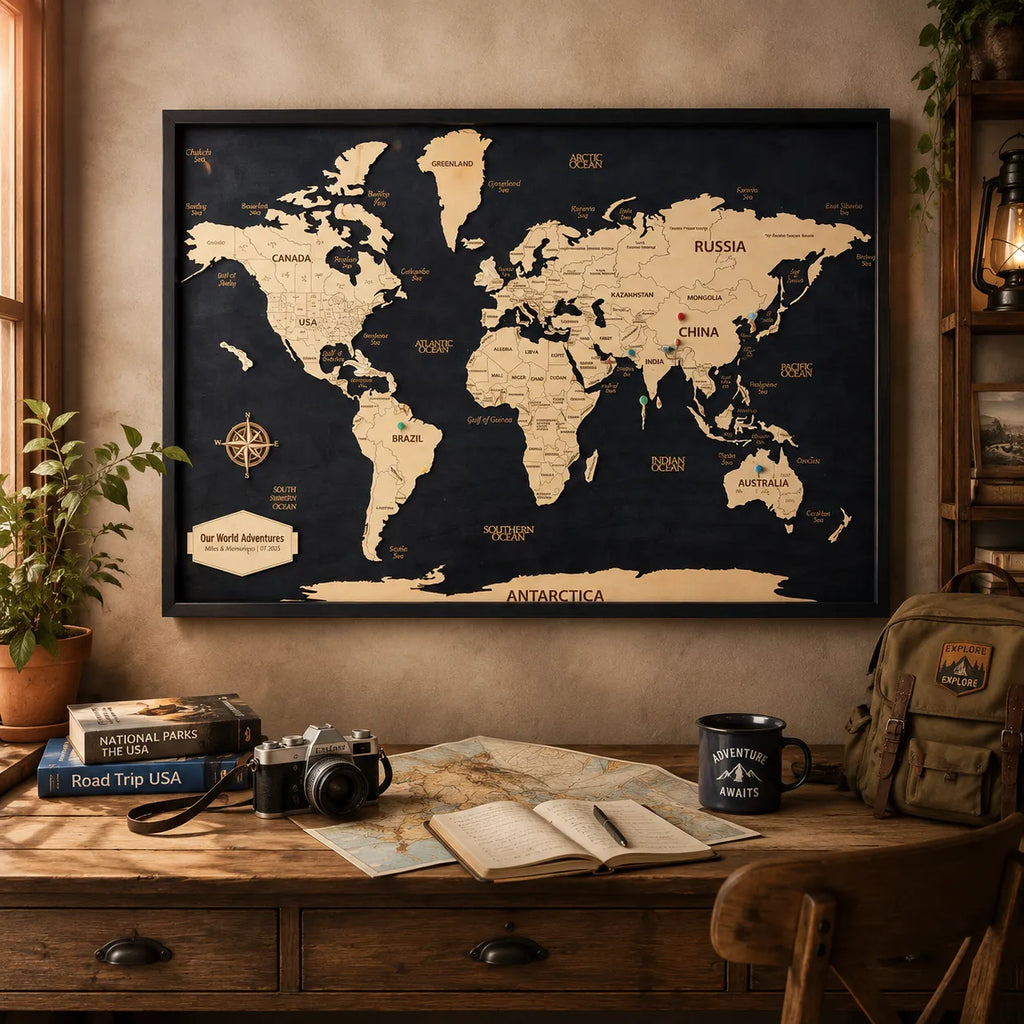 Premium Framed Wooden World Map Wall Art