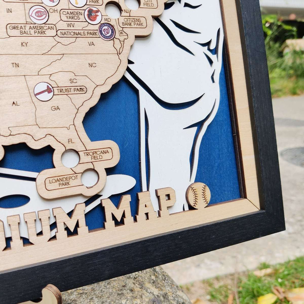 Custom Team Color Wooden MLB Stadium Map with Team Logo Pins - Mappae Pilot