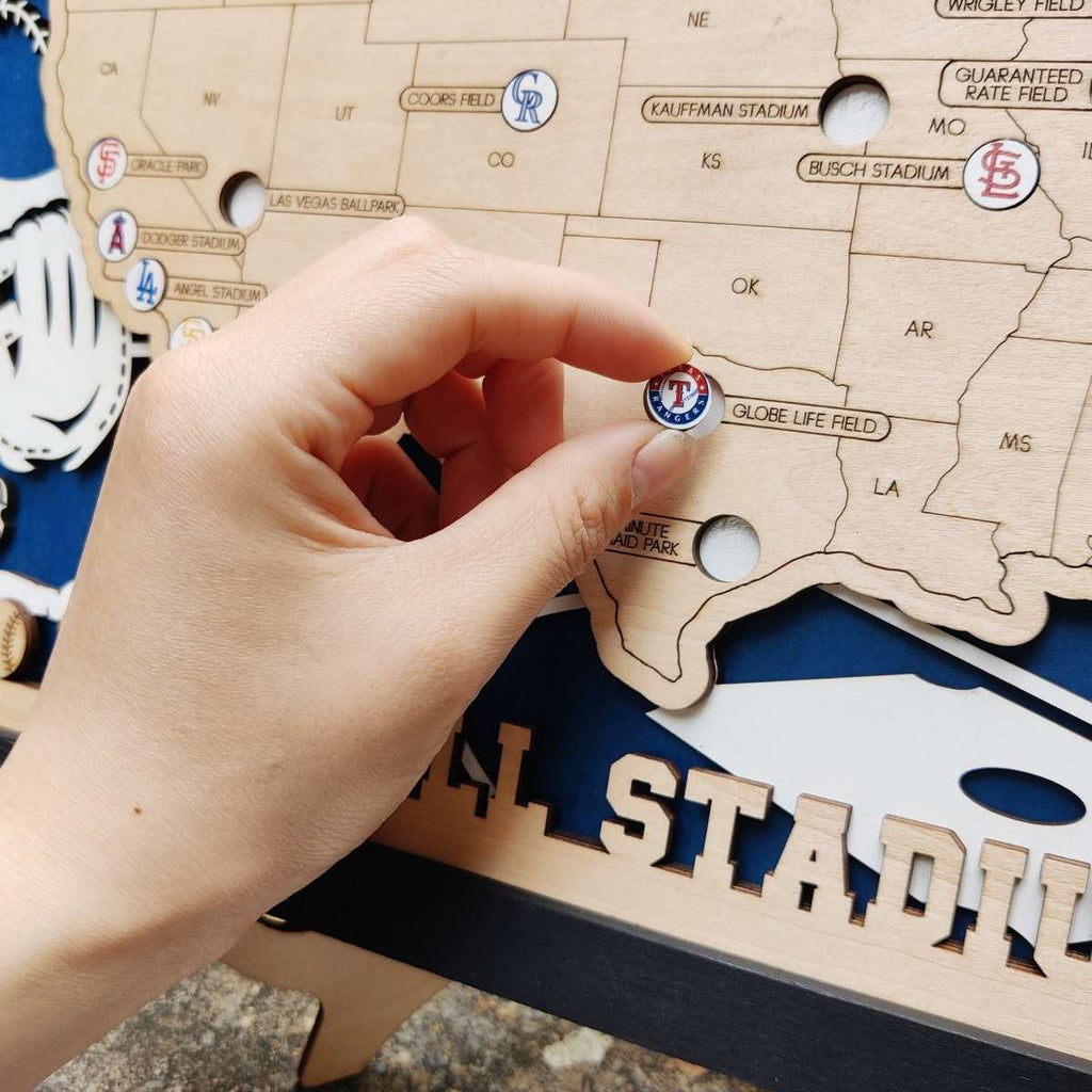Custom Team Color Wooden MLB Stadium Map with Team Logo Pins - Mappae Pilot
