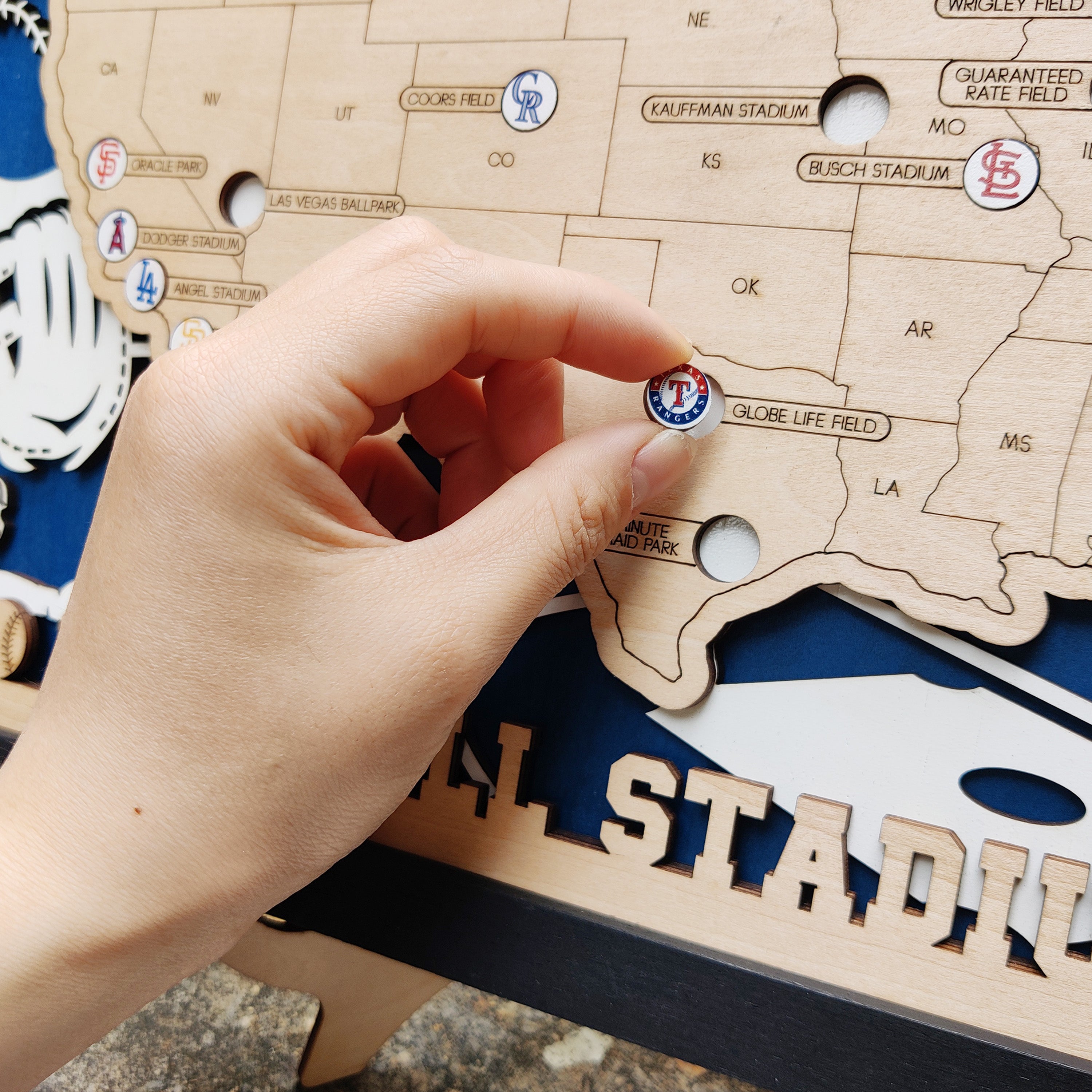 Custom Team Color Wooden MLB Stadium Map with Team Logo Pins