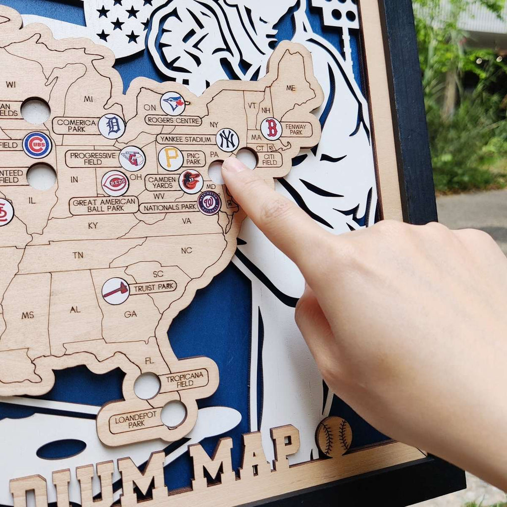 Custom Team Color Wooden MLB Stadium Map with Team Logo Pins - Mappae Pilot