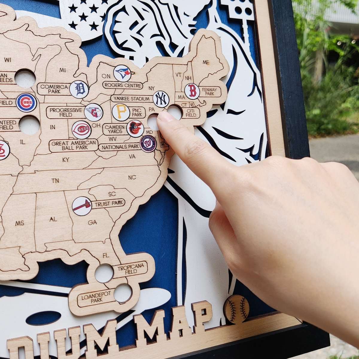 Custom Team Color Wooden MLB Stadium Map with Team Logo Pins - Mappae Pilot