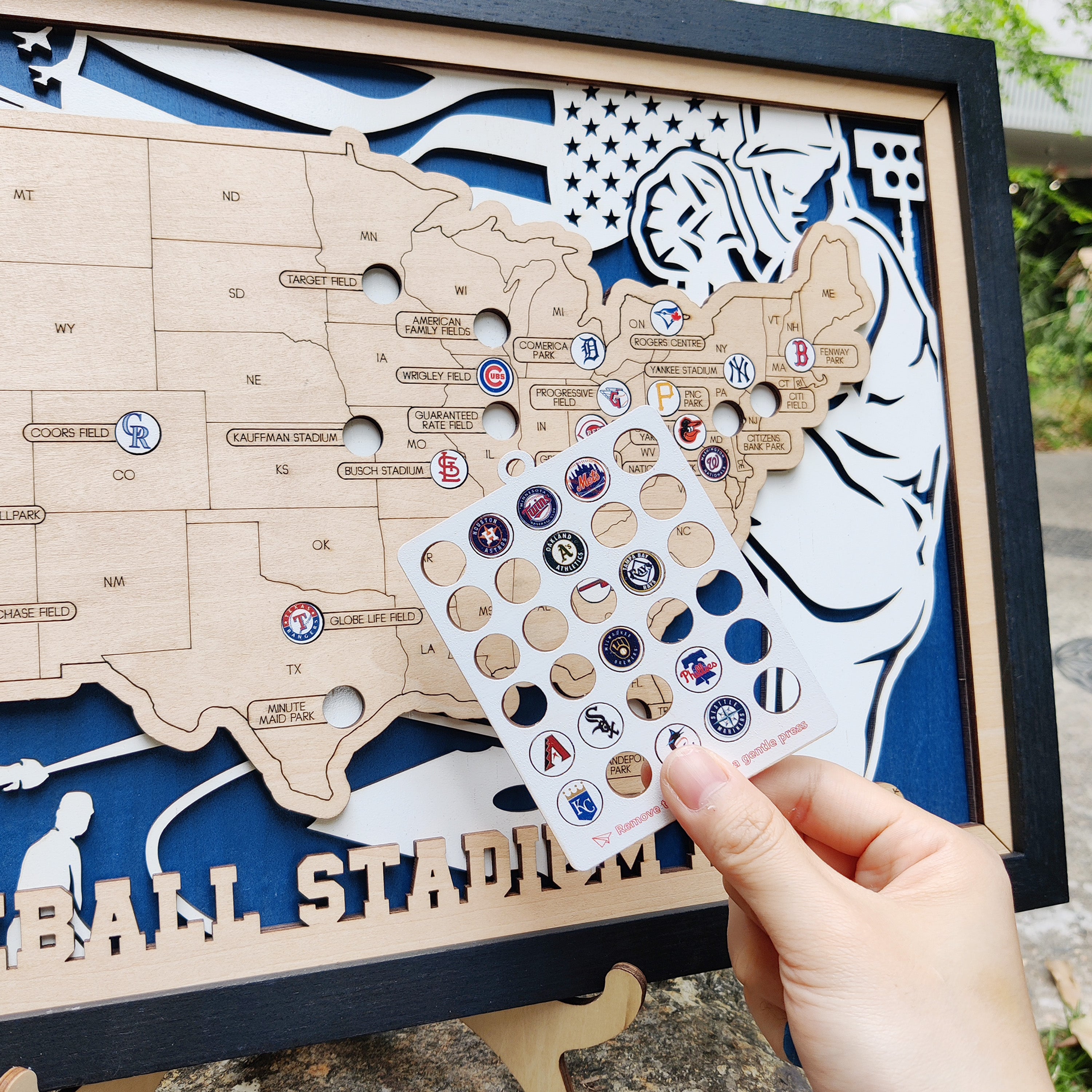 Custom Team Color Wooden MLB Stadium Map with Team Logo Pins