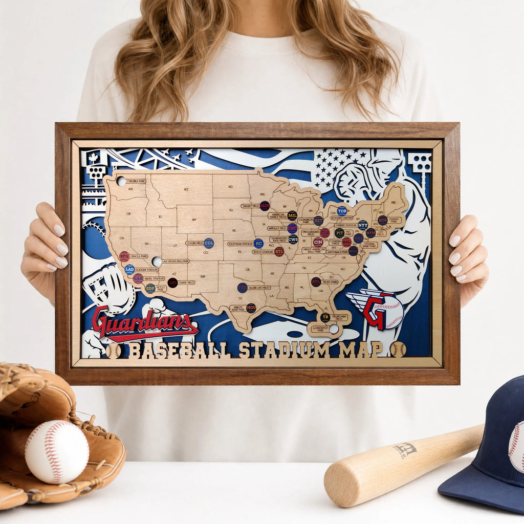 Custom Team Color Wooden MLB Stadium Map with Team Pins