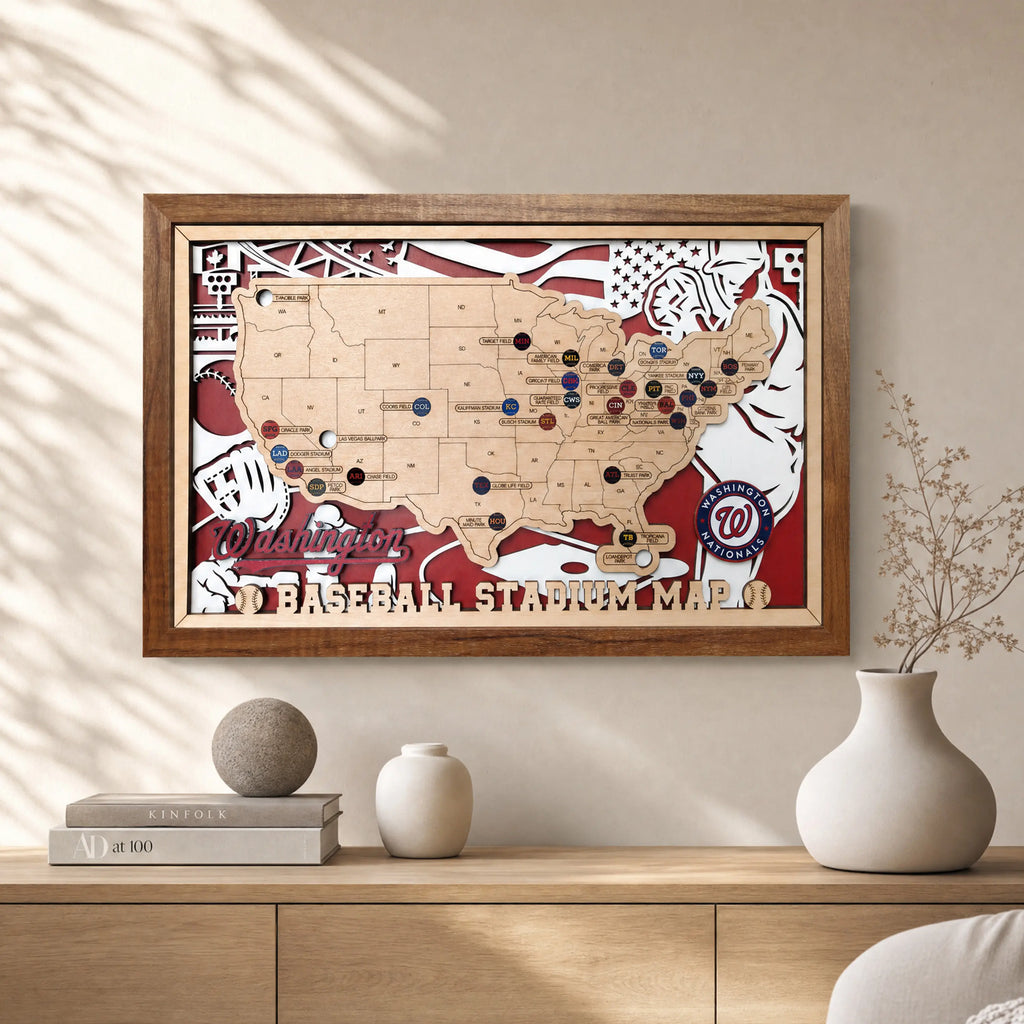 Custom Team Color Wooden MLB Stadium Map with Team Pins