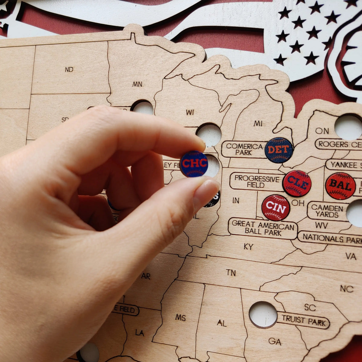 Custom Team Color Wooden MLB Stadium Map with Team Pins