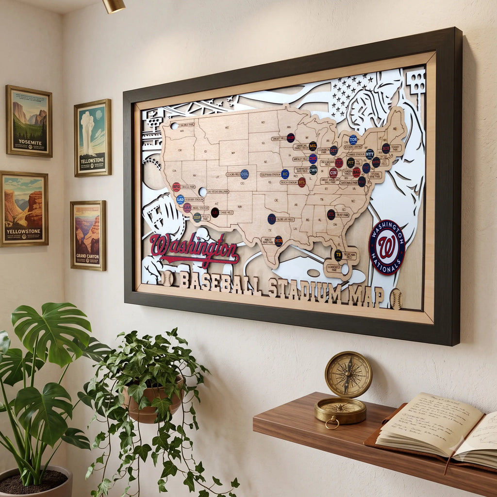 Personalized Wooden MLB Stadium Map with Colorful MLB Team Pins