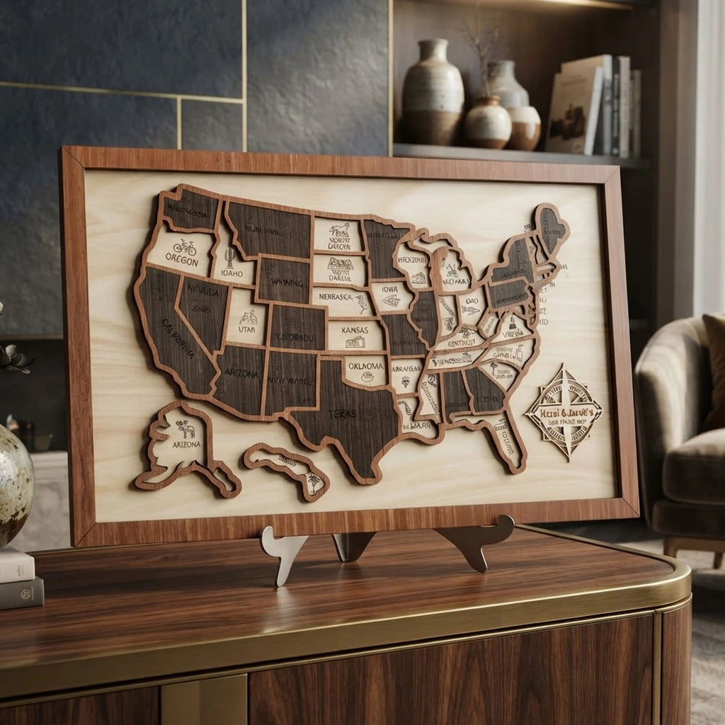 Custom Wooden US Map for States Visited – 50 States Travel Tracker Board & Puzzle