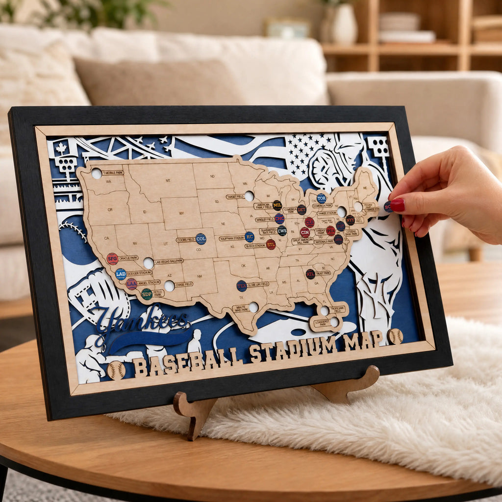 Custom Team Color Wooden MLB Stadium Map with Team Pins