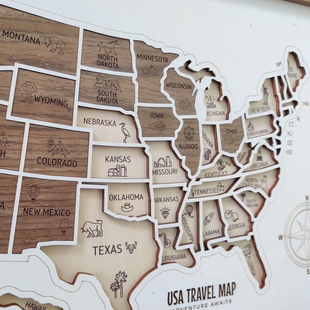 3D Wooden USA Puzzle Map Wall Art - 50 States Push Pin Travel Tracker Board