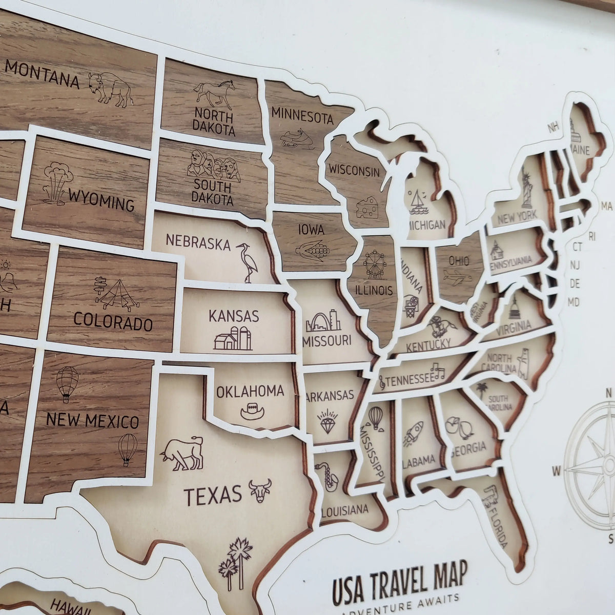 3D Wooden USA Puzzle Map Wall Art - 50 States Push Pin Travel Tracker Board