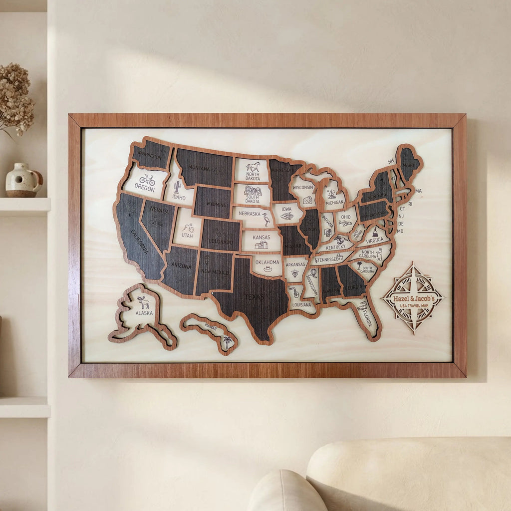 Custom Wooden US Map for States Visited – 50 States Travel Tracker Board & Puzzle