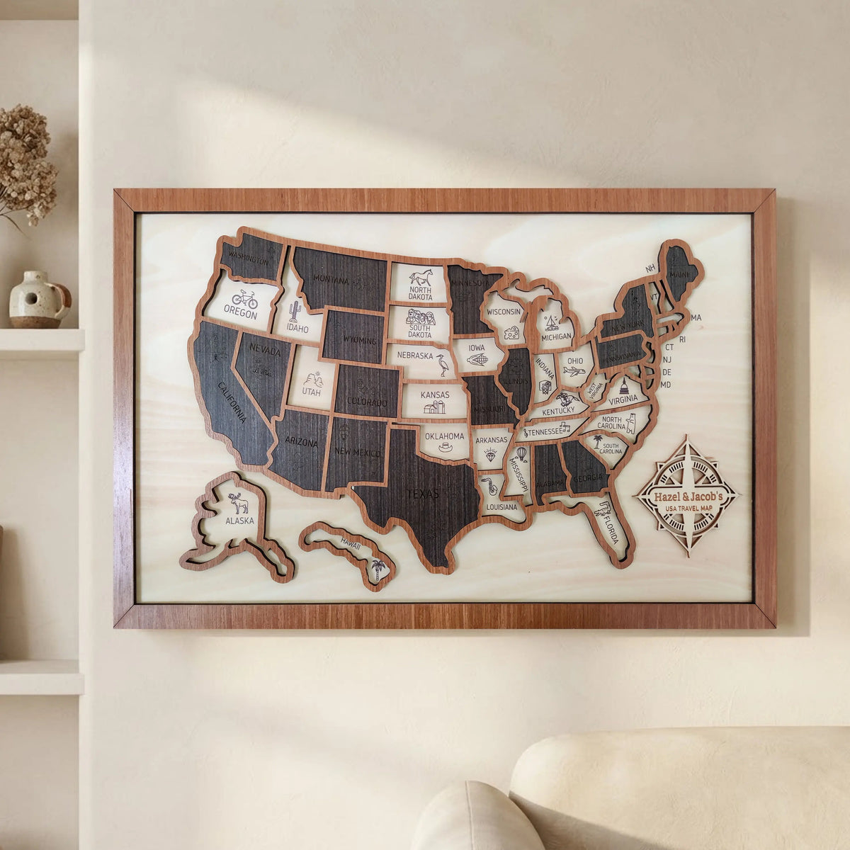 Custom Wooden US Map for States Visited – 50 States Travel Tracker Board & Puzzle
