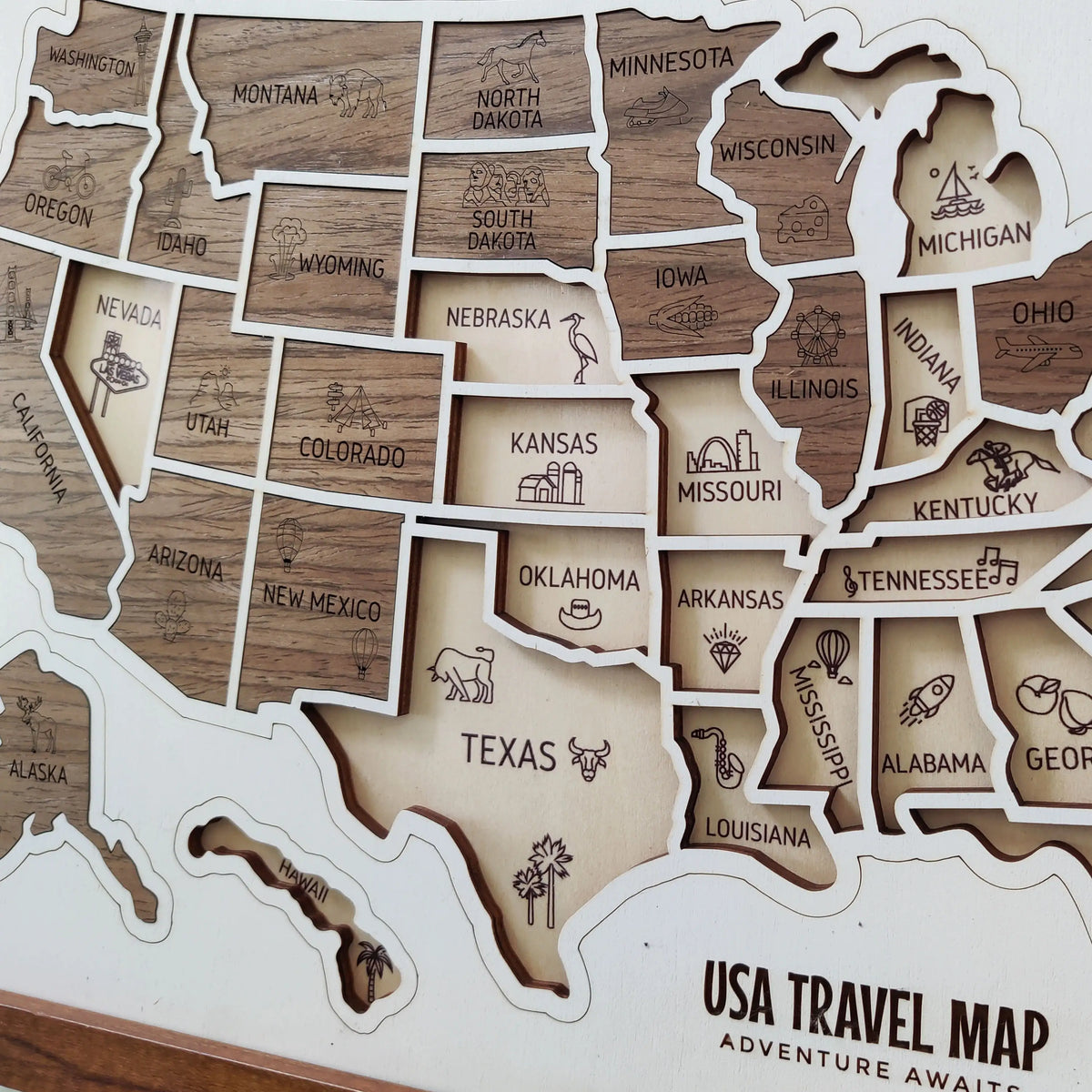 3D Wooden USA Puzzle Map Wall Art - 50 States Push Pin Travel Tracker Board