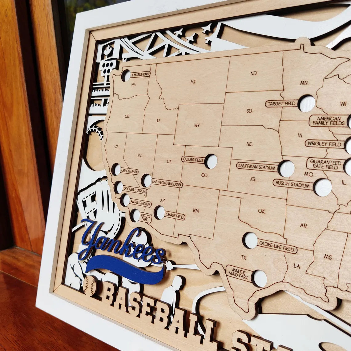 Baseball Stadium Map Tracker, Custom Wood Art