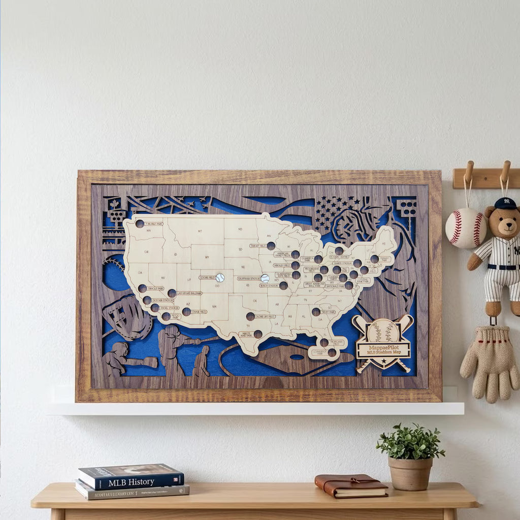 Wood MLB Baseball Stadium Map, Personalized Baseball Gift