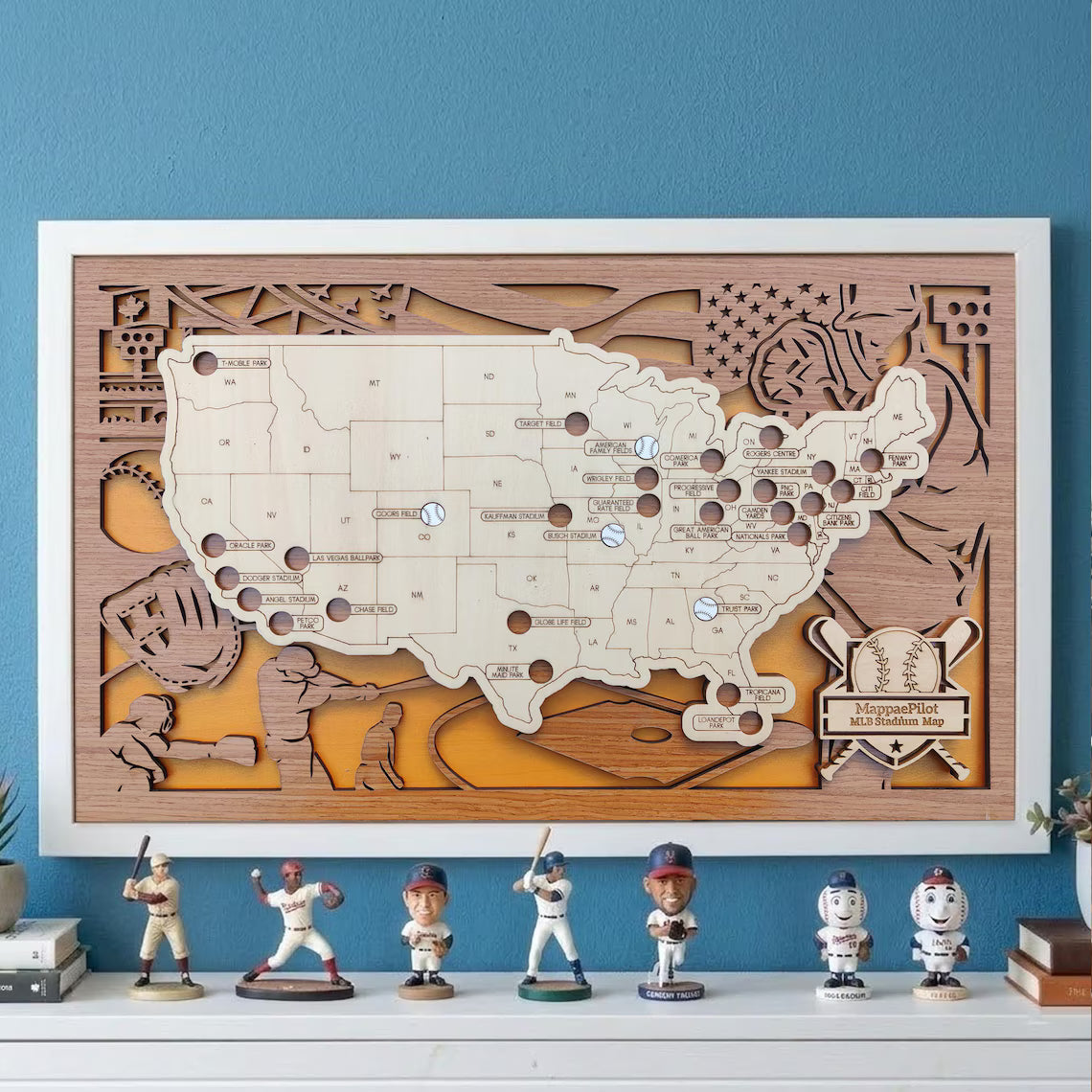 Wood MLB Baseball Stadium Map, Personalized Baseball Gift