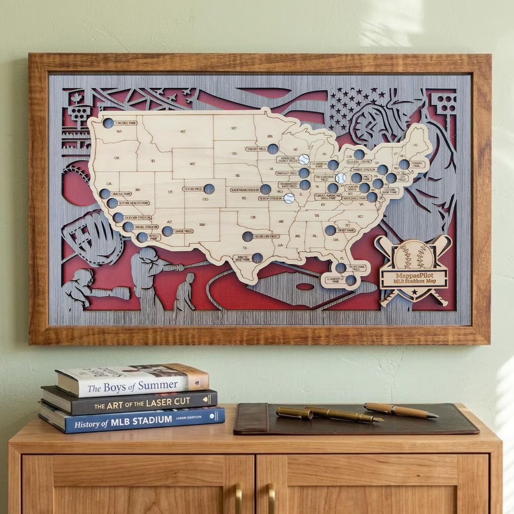 Wood MLB Baseball Stadium Map, Personalized Baseball Gift