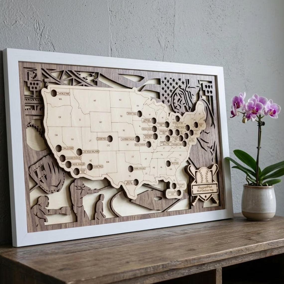 Wood MLB Baseball Stadium Map, Personalized Baseball Gift