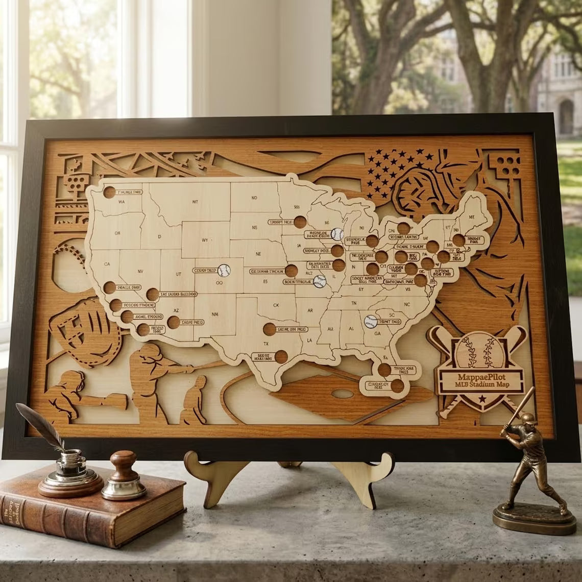 Wood MLB Baseball Stadium Map, Personalized Baseball Gift