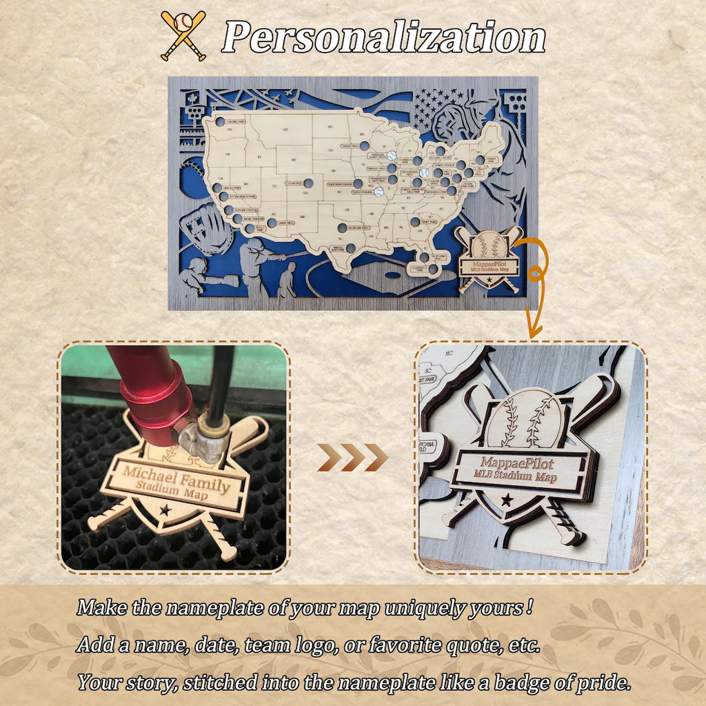 Wood MLB Baseball Stadium Map, Personalized Baseball Gift