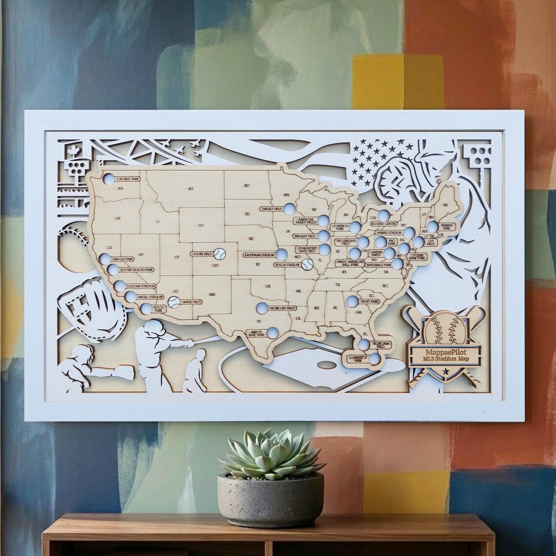 Wood MLB Baseball Stadium Map, Gift for Him