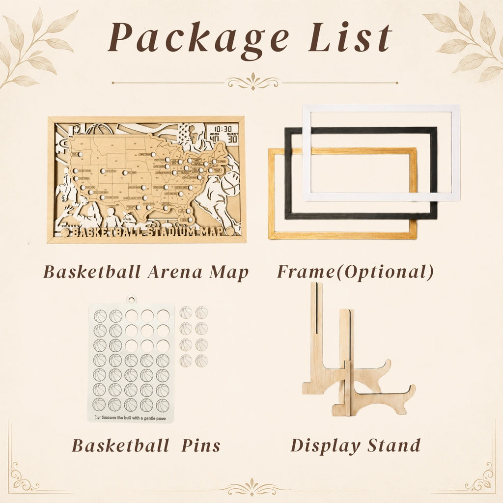 Personalized Basketball Arena Tracker Map – Natural Wood Background