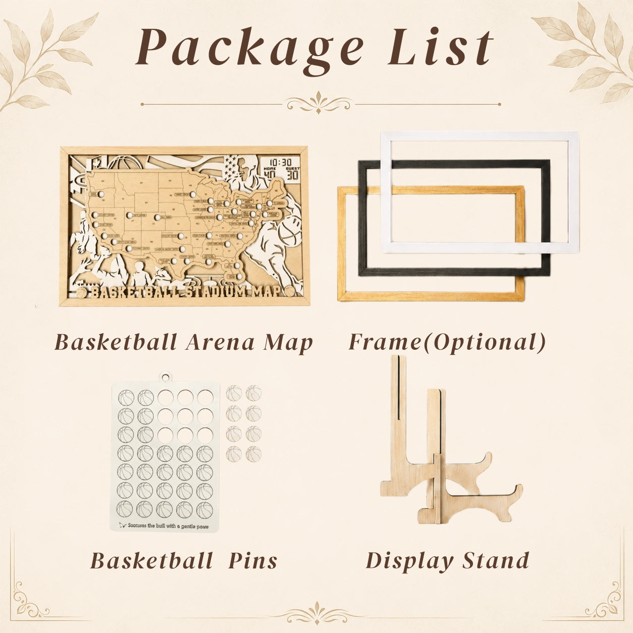 Personalized Basketball Arena Tracker Map – Natural Wood Background