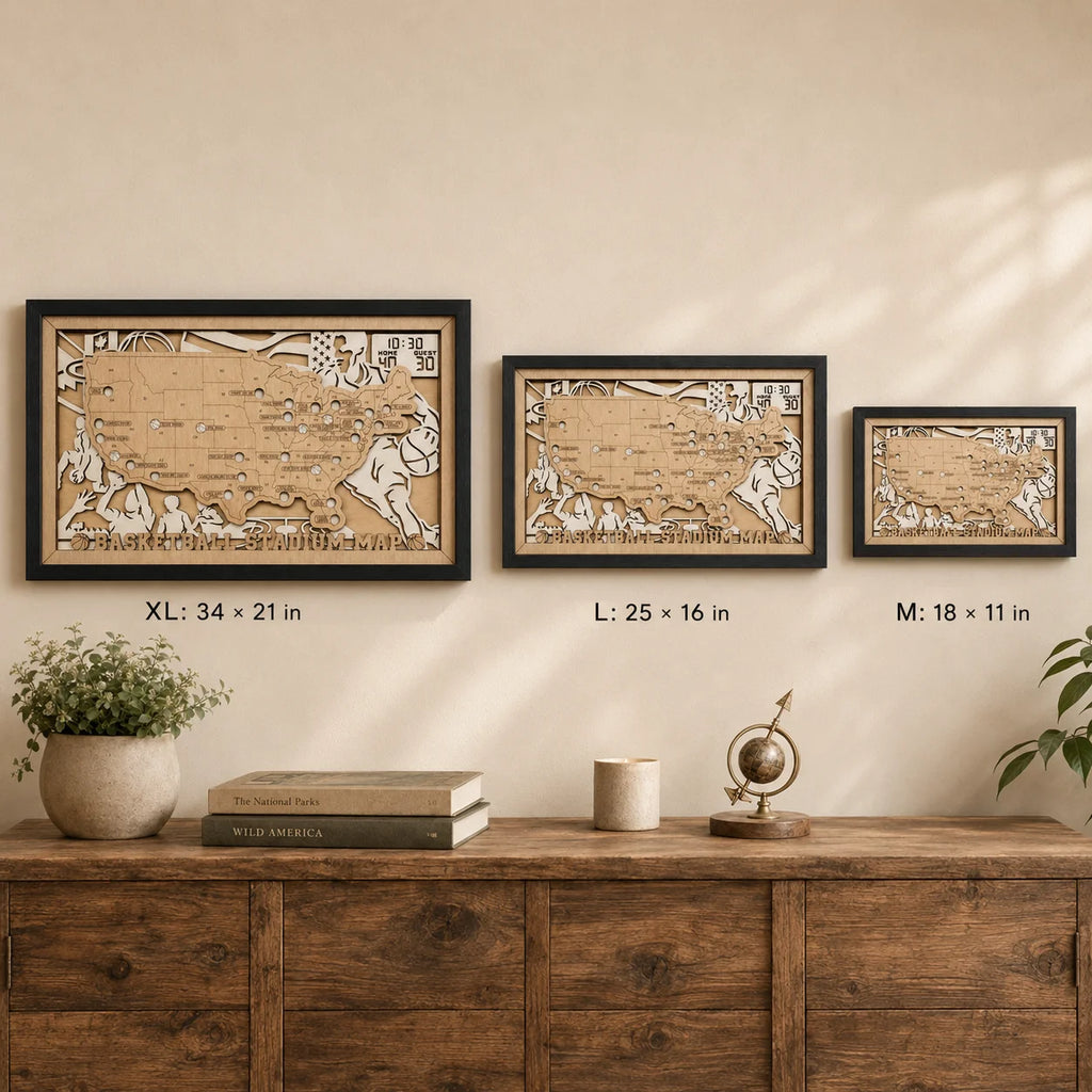 Personalized Basketball Arena Tracker Map – Natural Wood Background
