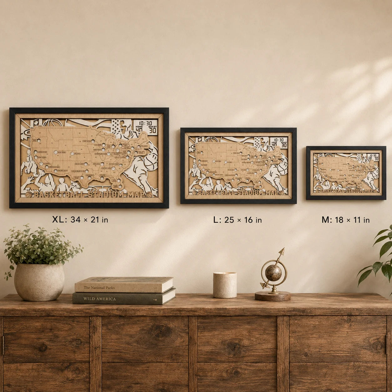 Personalized Basketball Arena Tracker Map – Natural Wood Background