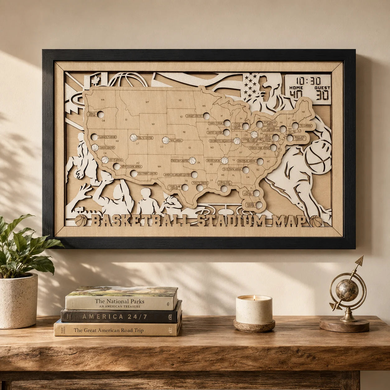 Personalized Basketball Arena Tracker Map – Natural Wood Background