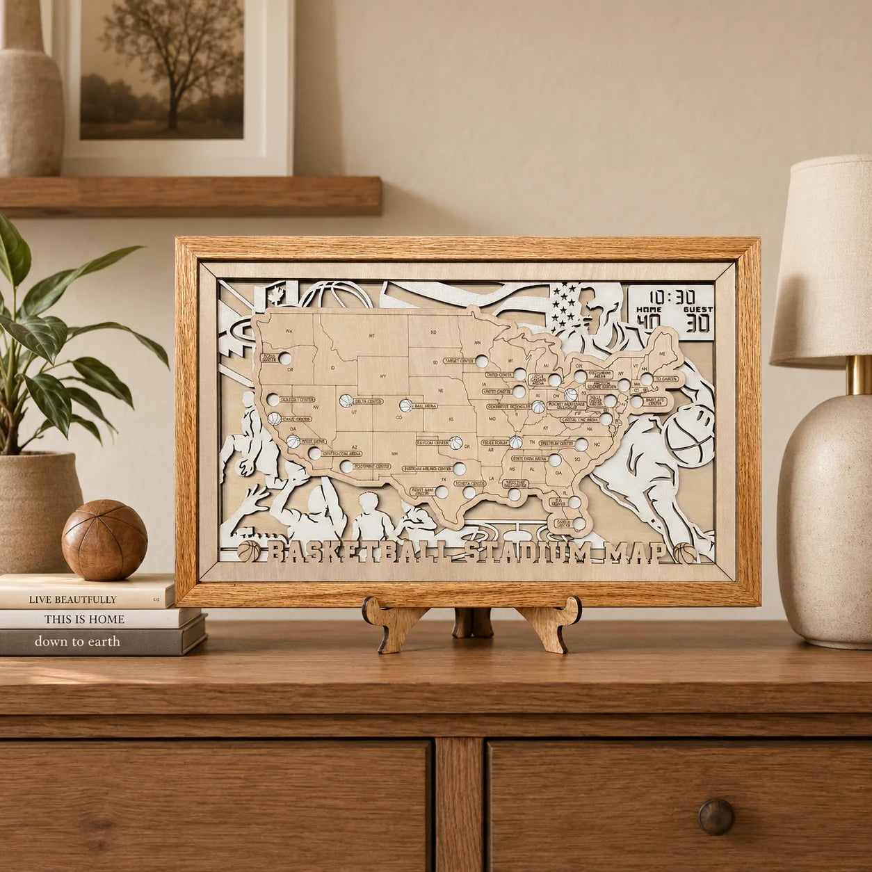 Personalized Basketball Arena Tracker Map – Natural Wood Background