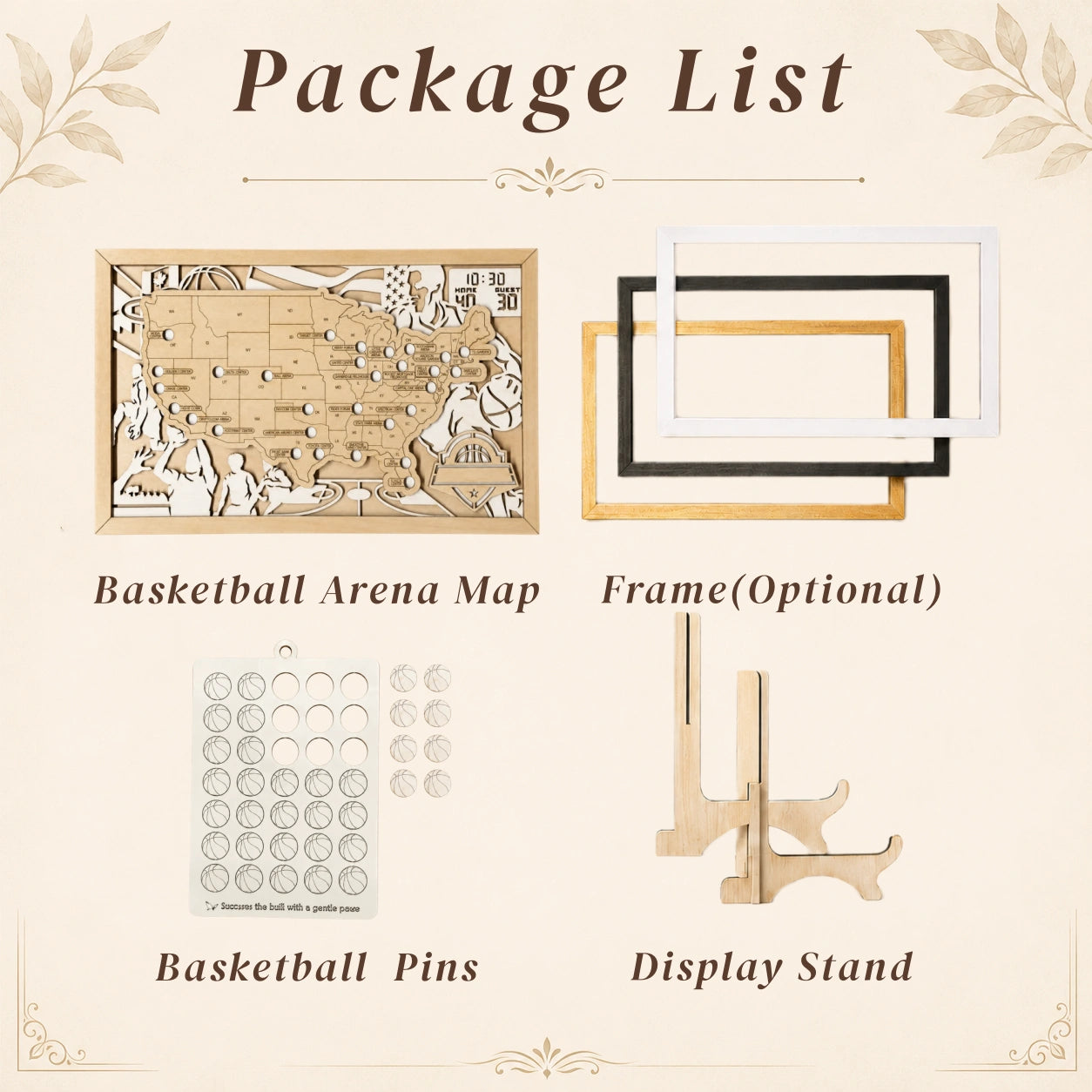 Personalized Basketball Arena Tracker Map with Nameplate – Natural Wood Background