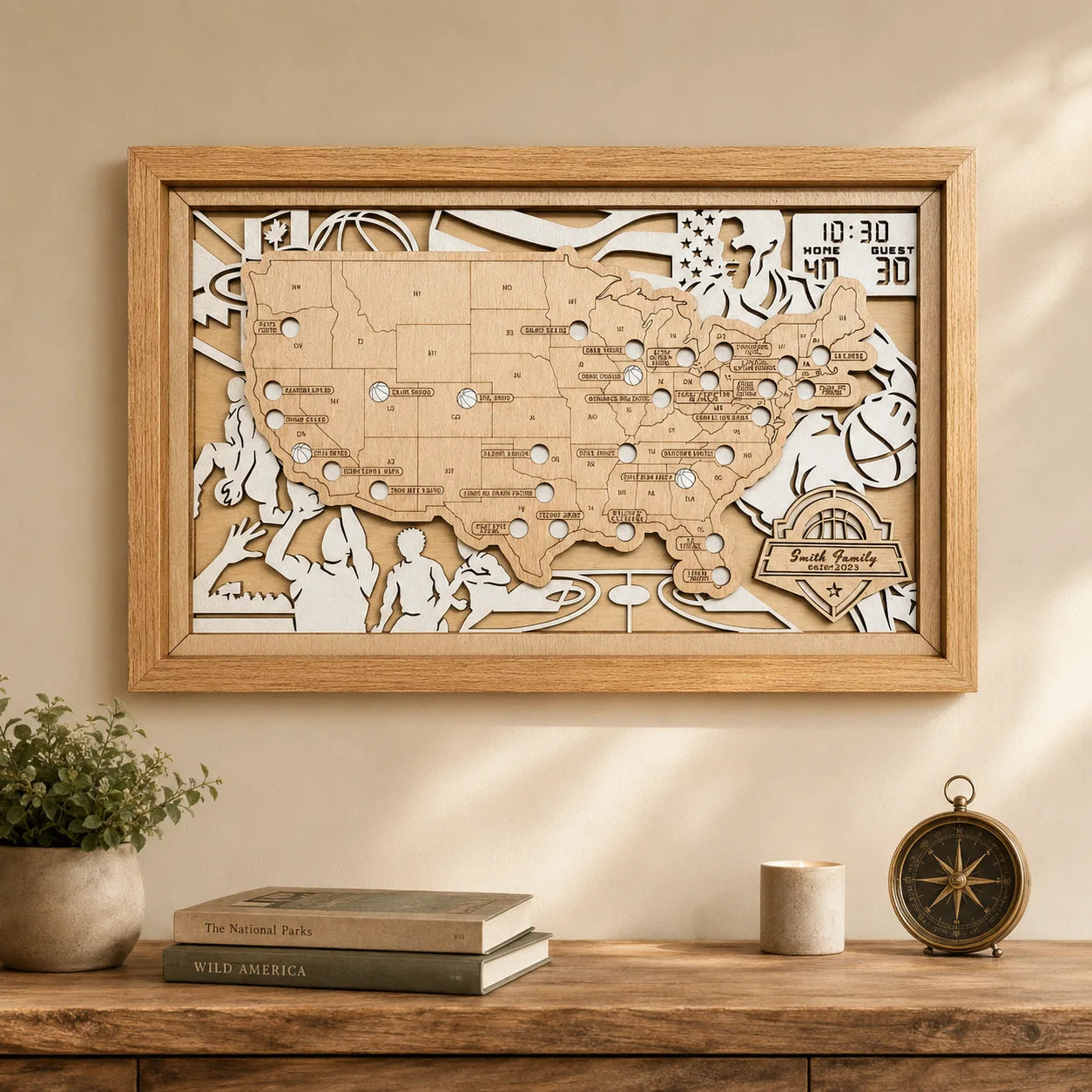 Personalized Basketball Arena Tracker Map with Nameplate – Natural Wood Background