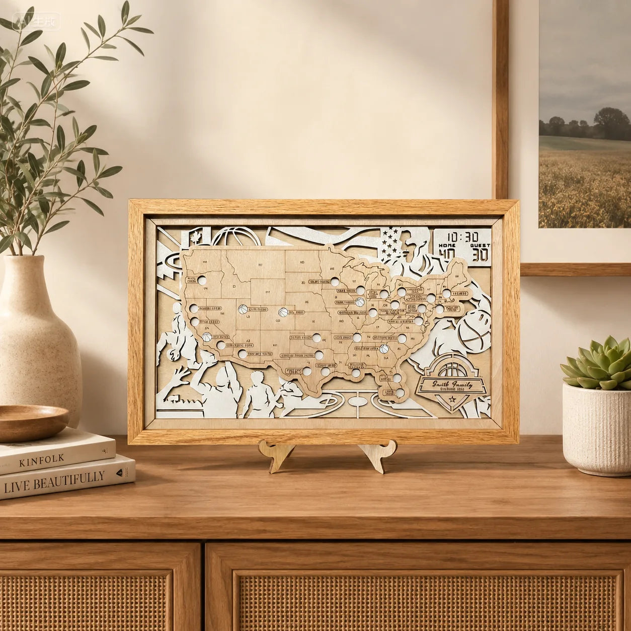 Personalized Basketball Arena Tracker Map with Nameplate – Natural Wood Background