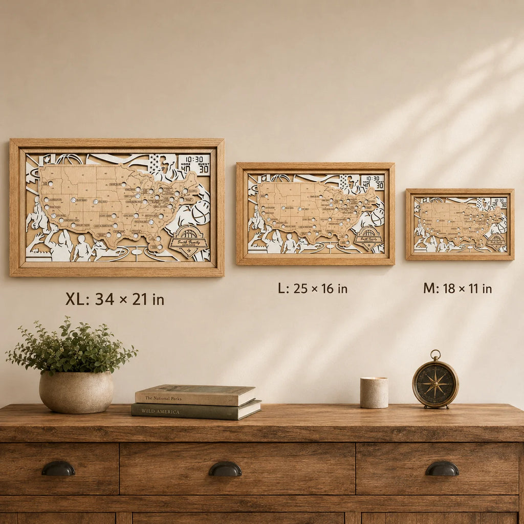 Personalized Basketball Arena Tracker Map with Nameplate – Natural Wood Background