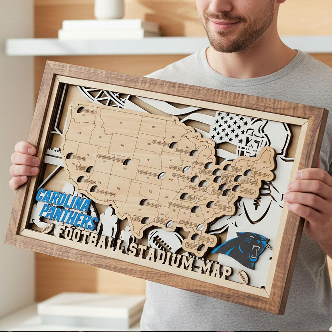 NFL Stadium Map Tracker - 3D Wooden Football Travel Map