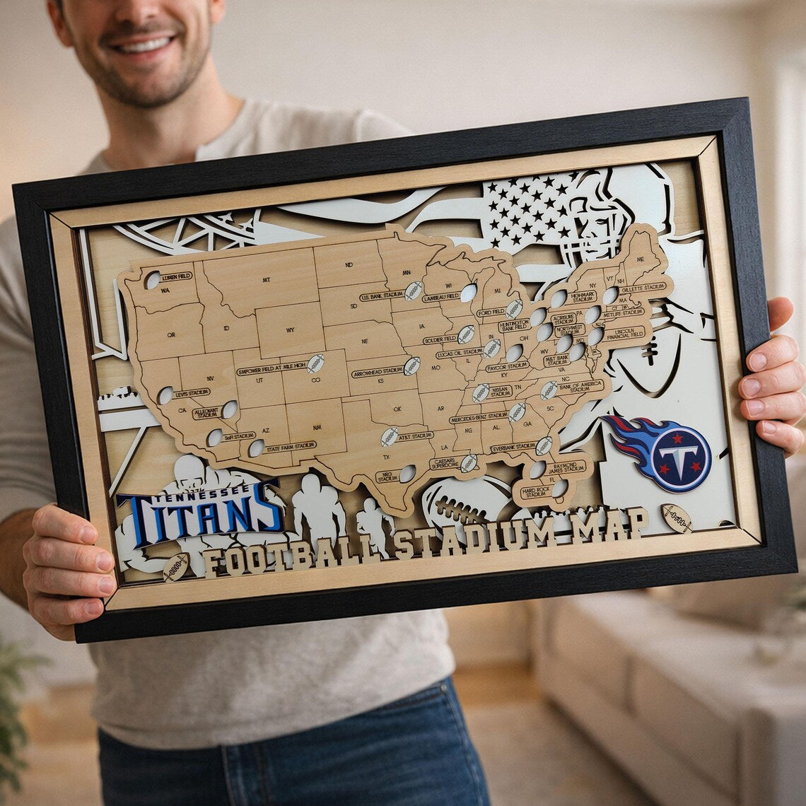 NFL Stadium Map Tracker - 3D Wooden Football Travel Map