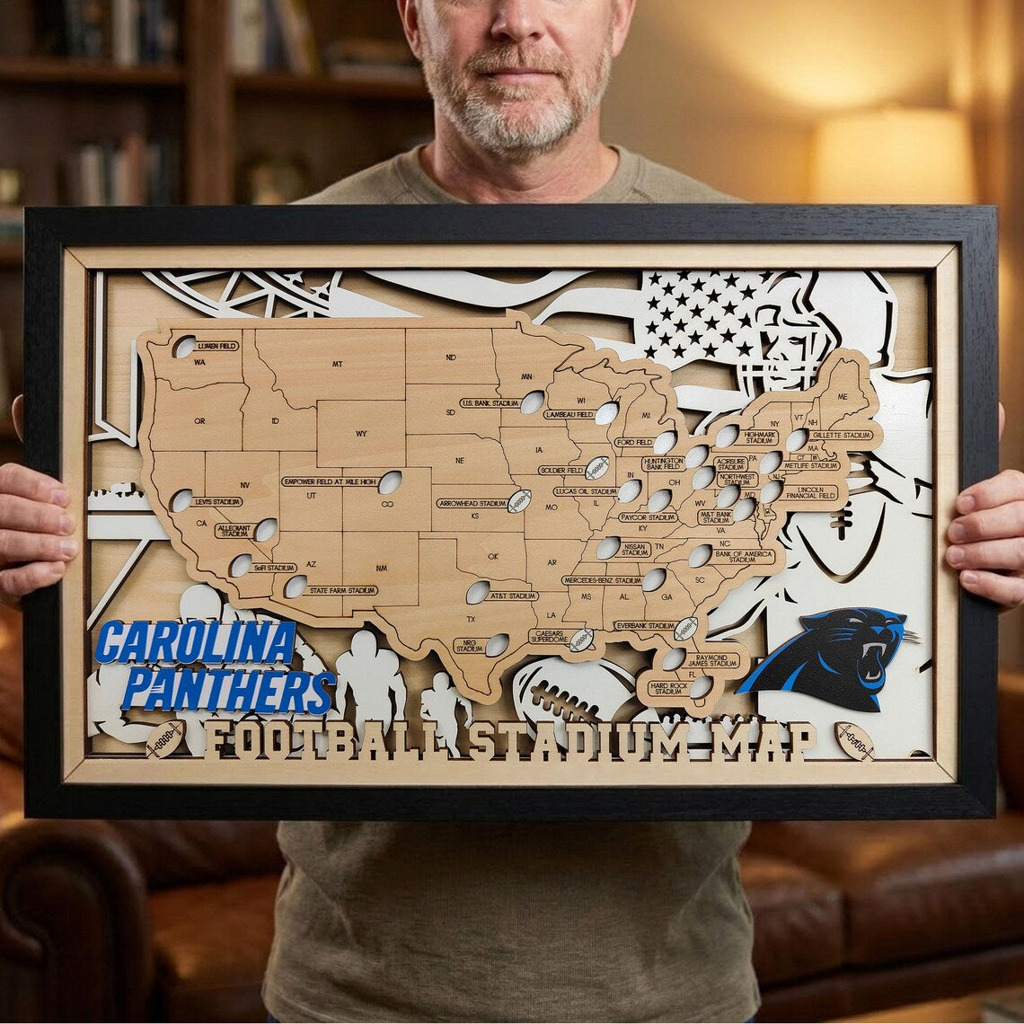 NFL Stadium Map Tracker - 3D Wooden Football Travel Map
