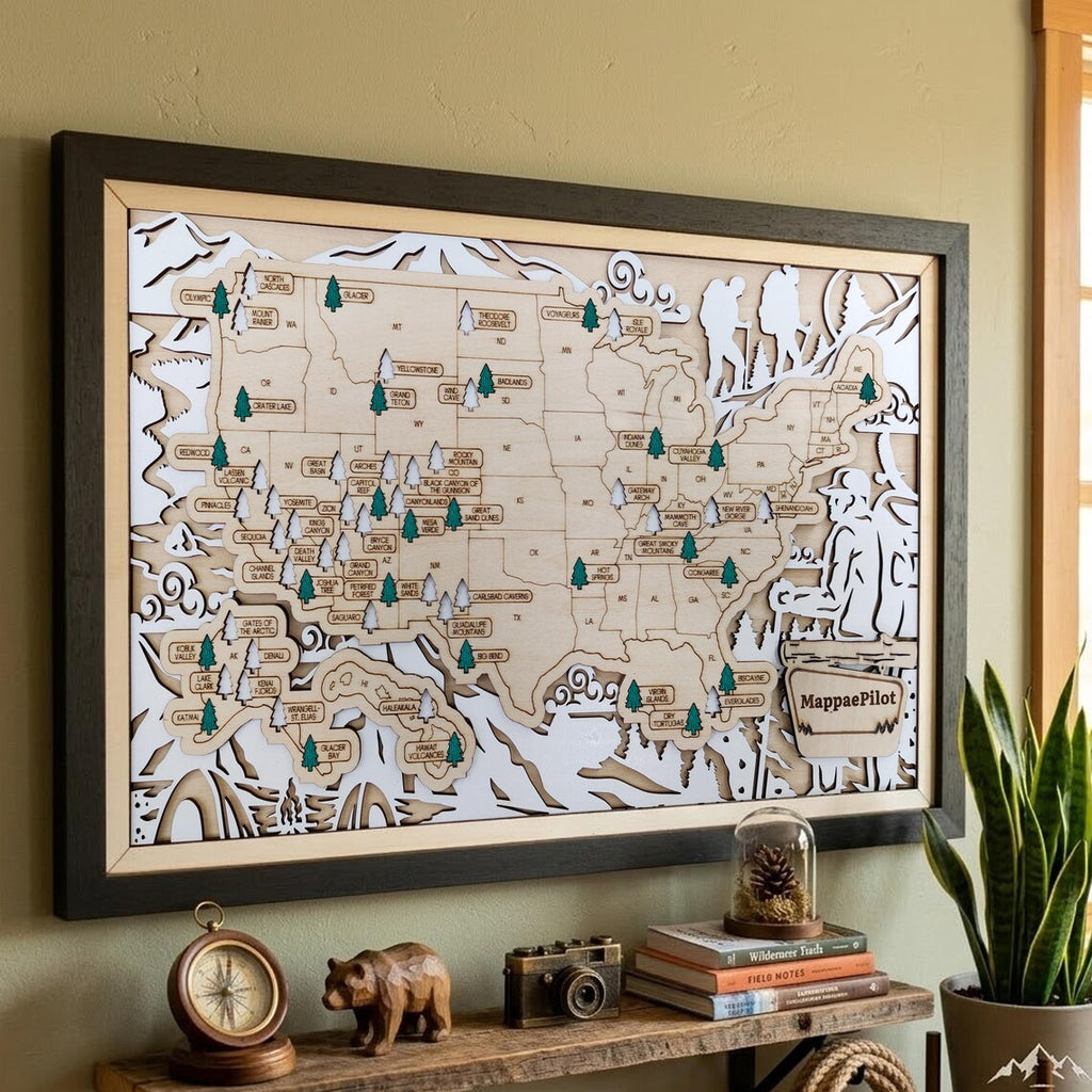 US National Parks Wooden Travel Map & Visit Tracker (White-Hiking)