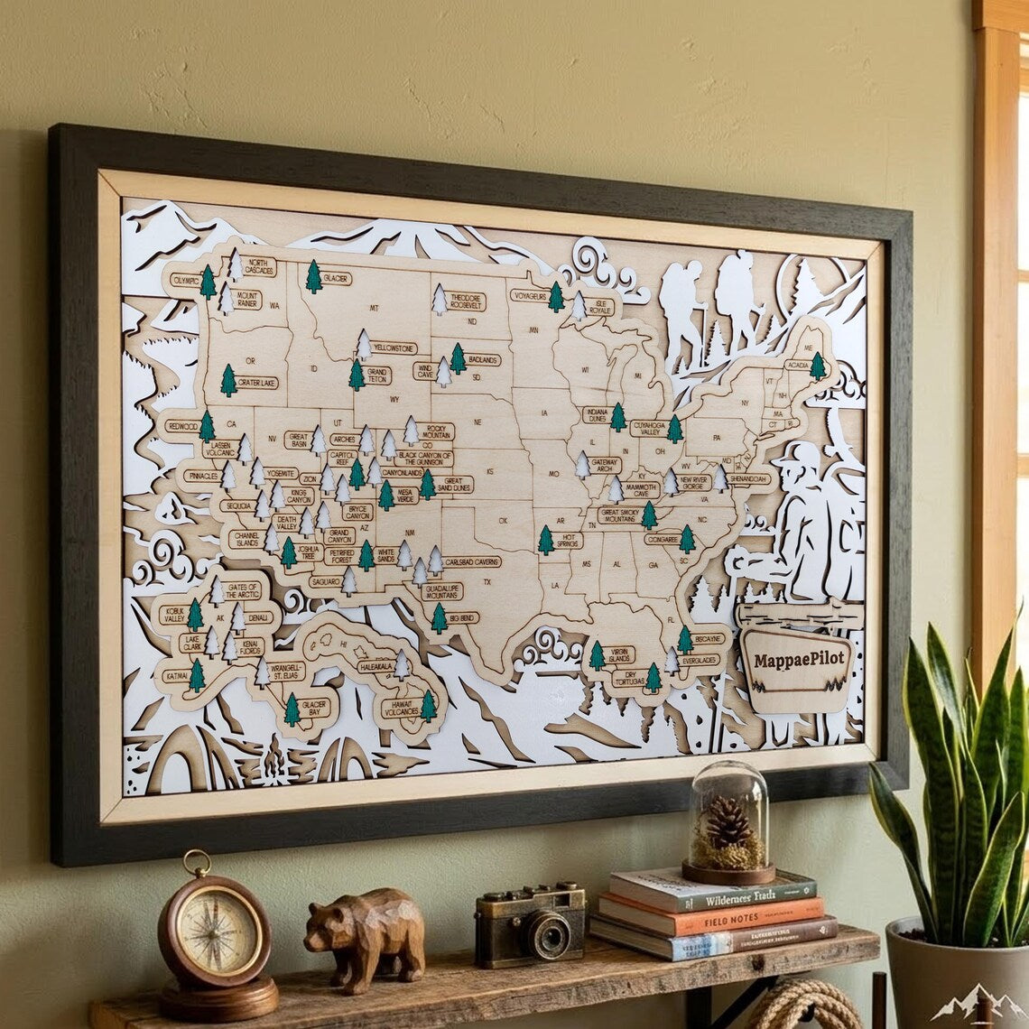 US National Parks Wooden Travel Map & Visit Tracker (White-Hiking)