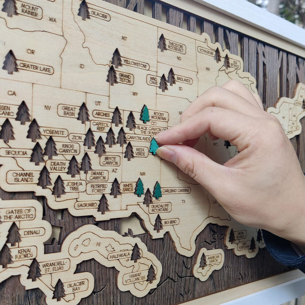 US National Parks Wooden Travel Map & Visit Tracker (Walnut-Branch)